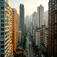 Urban cityscape, tall buildings, morning light