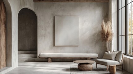 Fototapeta na wymiar High-end minimalist entryway, neutral decor, blank canvas for artwork display