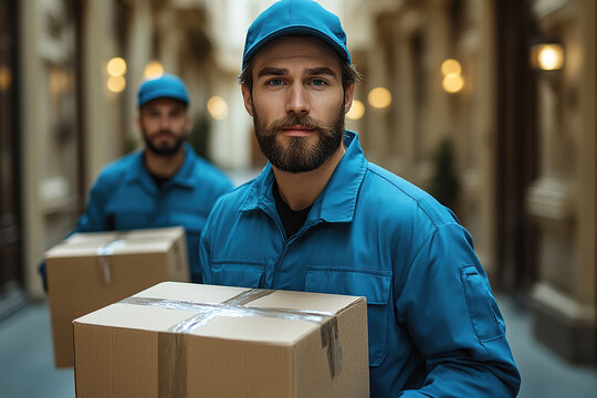 Movers in blue uniforms transporting boxes through a narrow urban alleyway during the day