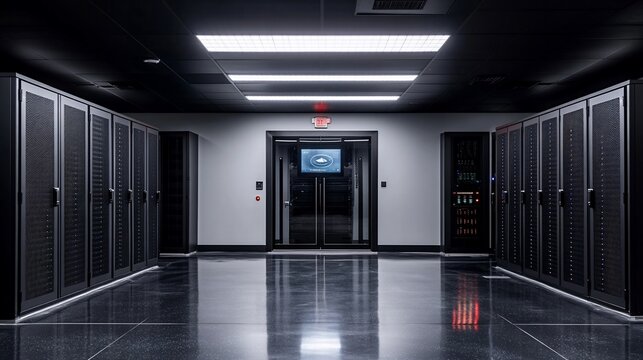 Inside secure server room with rows of computers and advanced technology