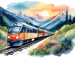 Train travels through mountain landscape at sunset, watercolor illustration, scenic railway journey, beautiful vista