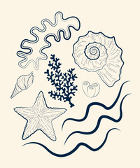 Fototapeta premium A postcard with a nautical theme. Various shells and corals on a beige background. Vector design