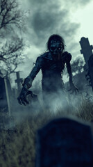 Fototapeta premium Undead creature crawling from a tomb in a graveyard, haunting a dark night filled with eerie shadows and chilling fear