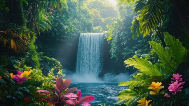 Lush waterfall cascading through a vibrant tropical rainforest
