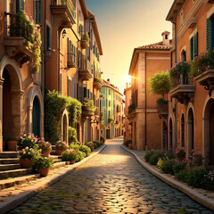 Fototapeta premium sunrise over the mountains, Beautiful landscape illustration, An enchanting village with cobblestone-paved streets. Quaint town, cobblestone pathways, old-world charm.