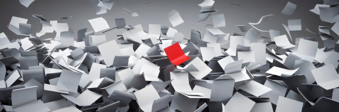 Floating white papers with a single red sheet in grayscale background – Ideal for business stress, decision-making, or organization-related content.