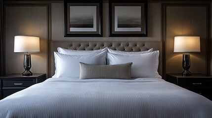 Luxury hotel bedroom, elegant white linens, symmetrical nightstands, blank canvas framed in matte black