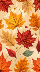 Fototapeta premium Vibrant autumn leaves in warm colors scattered across textured background