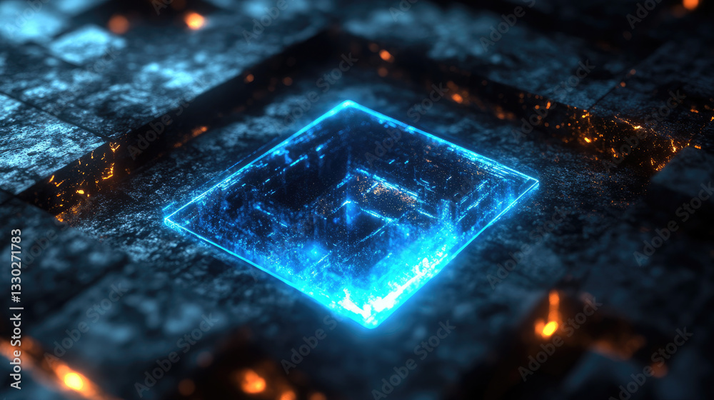 Poster transparent digital cube floating in a high-tech cyber environment, representing artificial intellig