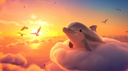 A playful dolphin floats on a fluffy cloud at sunset