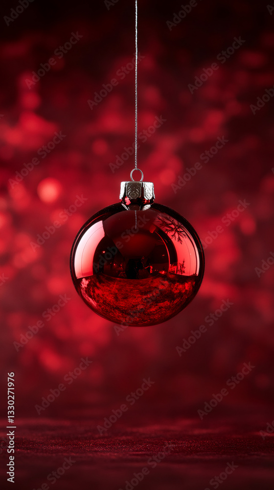 Poster glossy red ornament dangling from silver thread, creating festive bokeh effect for seasonal design i
