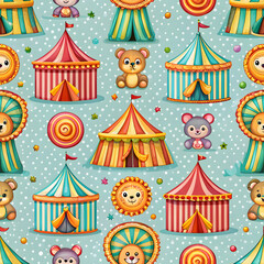 Colorful circus pattern with tents, bears, and playful elements