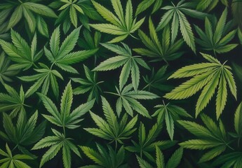 Lush green cannabis leaves create a vibrant, textured backdrop, showcasing various shades and shapes of foliage in a harmonious arrangement.