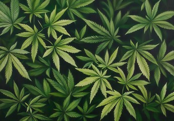 Vibrant green cannabis leaves overlapping on a dark background, showcasing their intricate shapes and textures.