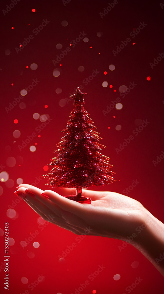 Poster Christmas composition with red glitter small christmas tree held in hand with red background and bokeh