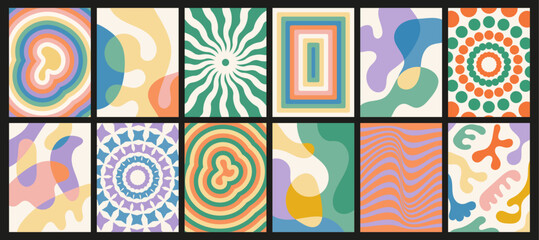 Collection of funky backgrounds with colorful patterns. Textures with groovy vector elements. Set of abstract decorative shapes with a hippie vibe.