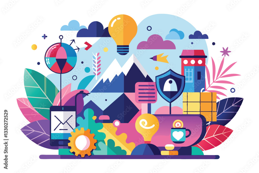 Poster this artwork displays an imaginative array of customizable features in a colorful landscape, inspiri