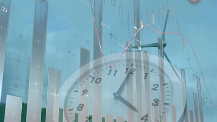 Wind turbine and clock over financial graphs and data animation - Powered by Adobe