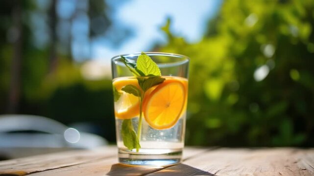 Glass of fresh fruit-infused water sitting on a table outdoors on a sunny day