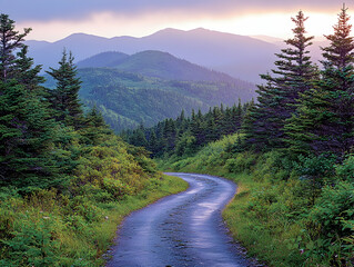 Winding mountain road at dawn