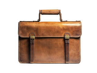 The image displays a detailed, isolated, well-worn, antique leather briefcase, perfect for travel and business use.