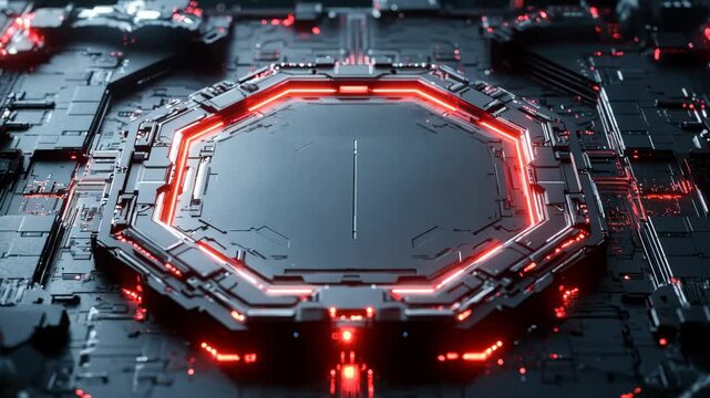 Dive into a captivating display of advanced technology featuring a high-tech circuit design. Red lights illuminate an octagonal structure, showcasing intricate details in a futuristic aesthetic