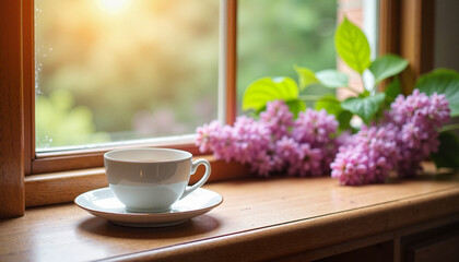 Morning sunlight softly illuminating white porcelain cup of tea and fragrant blooming lilac flowers placed near cozy wooden windowsill, peaceful breakfast scene with calming atmosphere