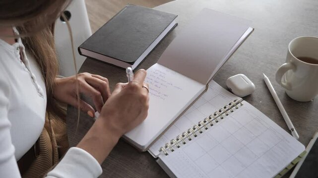 Woman writing to-do list in notebook with coffee, planner, and gadgets. Productivity, time management, and organization concept.