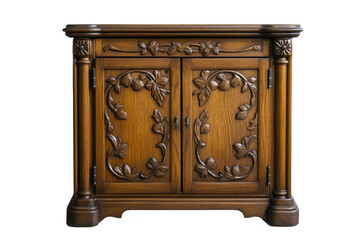 Fototapeta premium An Antique Oak Cabinet, Meticulously Carved With Swirling Floral Patterns, Showcasing Timeless Craftsmanship And Elegant Design, Rich In Warm Brown Tones Isolated on Transparent Background