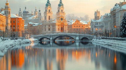 Fototapeta premium Winter cityscape, snow-covered European town