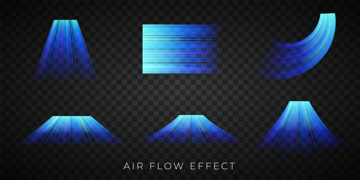 Blue stream of cold air from the conditioner. Clean filtered air flow. Vacuum cleaner suction effect. Wind direction. Isolated on transparent background.