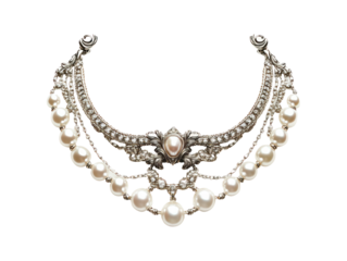 The image features a beautifully designed necklace with pearls, metal accents, and intricate details