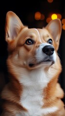 A beautiful pembroke welsh corgi dog looking intently upwards