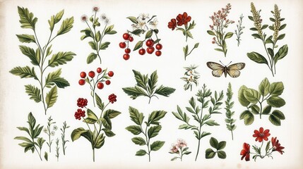 A vintage botanical illustration featuring various flowers, leaves, and a butterfly, showcasing rich colors and intricate details.