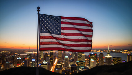 USA flag waving at twilight over cityscape, symbol of freedom