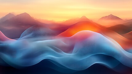 Abstract Sunset Landscape with Flowing Waves and Mountains