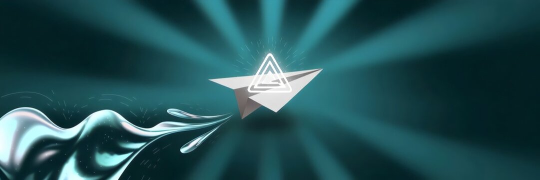 Minimalist design of a paper plane with glowing triangle symbol above a cool teal background – Ideal for futuristic design, technology, or digital innovation themes.