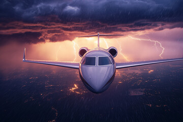 Fototapeta premium Jet Flight Through Storm: A sleek jet aircraft soars bravely through a dramatic thunderstorm, its polished exterior reflecting the power of nature.