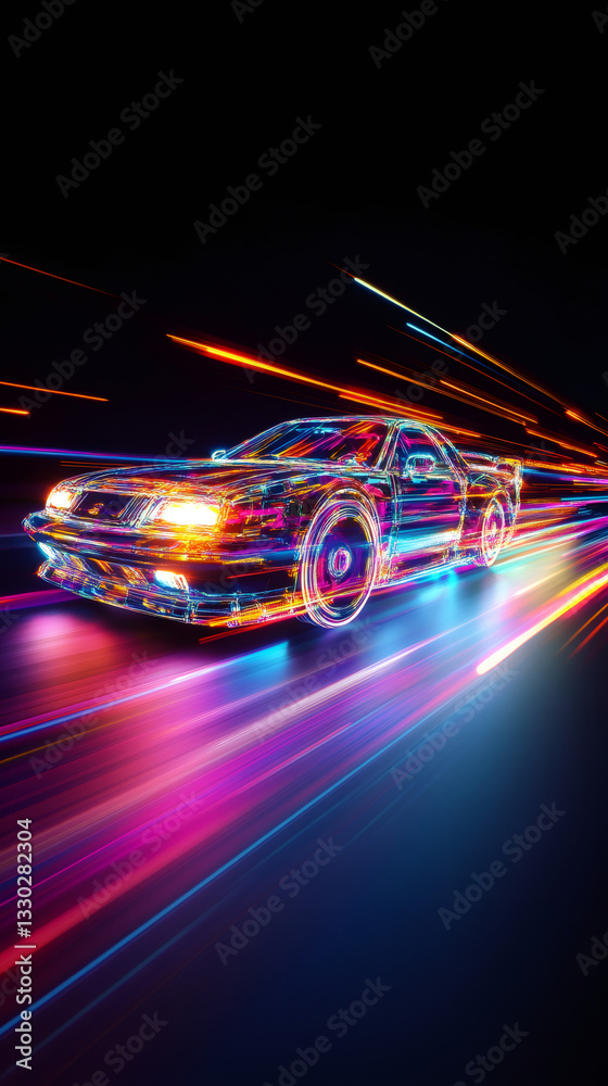 Poster Low-polygon model of a sports car speeding through neon light trails on a black background, creating a futuristic and dynamic scene