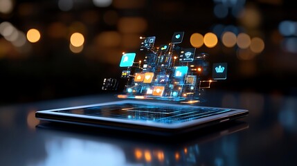 Digital App Ecosystem: 3D Render of a Tablet at Night AI Generated