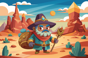 Fototapeta premium A cartoon wizard with a staff and a bag stands amidst colorful desert formations at sunset, Through the desert Customizable Cartoon Illustration