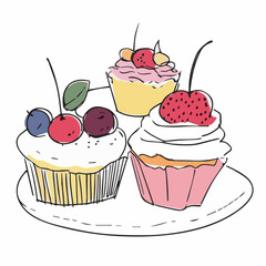 Illustration set of cakes with berries in Continuous line drawing style