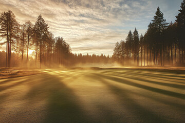 A breathtaking winter landscape featuring a foggy forest and a golf course, bathed in the warm glow of the sunset, creating a serene and magical atmosphere