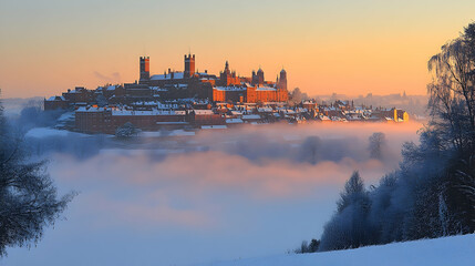 Naklejka premium Winter sunrise over a medieval town