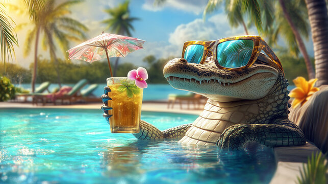 A hip alligator lounging by a pool, wearing oversized, mirrored sunglasses and sipping a tropical drink with a tiny umbrella.