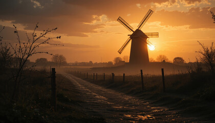 Obraz premium Windmill at Sunset on Misty Countryside Road with Golden Light