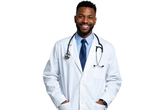Smiling Doctor Wearing White Coat with Stethoscope, isolated on transparent background