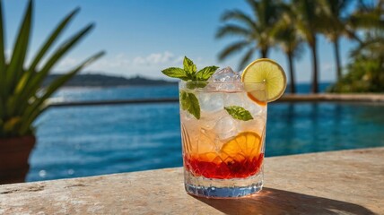 Refreshing Cocktail by the Poolside with Lime and Mint Garnish
