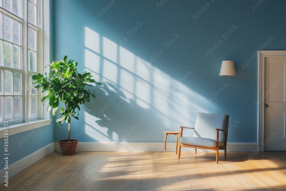 Poster empty room with blue walls, a wooden floor and sunlight coming through the window. there is one plan