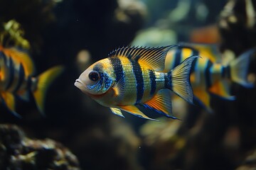 Vibrant yellow, blue, and black striped fish swimming in aquarium.